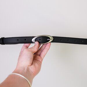 y2k oval buckle black leather belt — 2000s minimal style